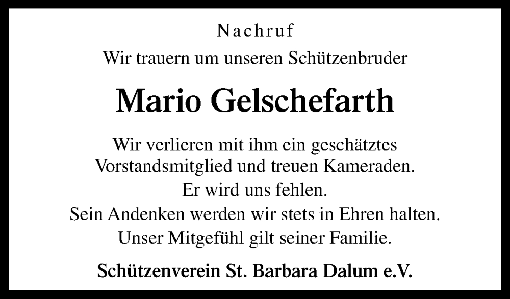  Traueranzeige für Mario Gelschefarth vom 19.10.2022 aus Neue Osnabrücker Zeitung GmbH & Co. KG