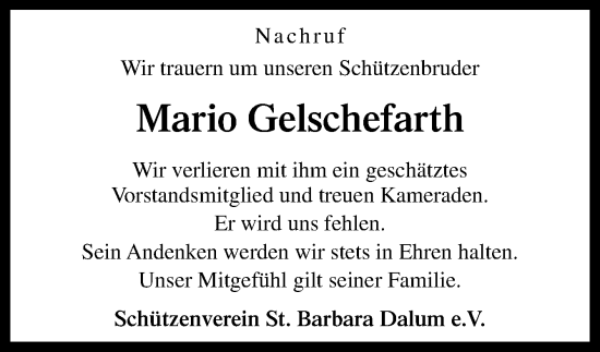 Traueranzeige von Mario Gelschefarth von Neue Osnabrücker Zeitung GmbH & Co. KG