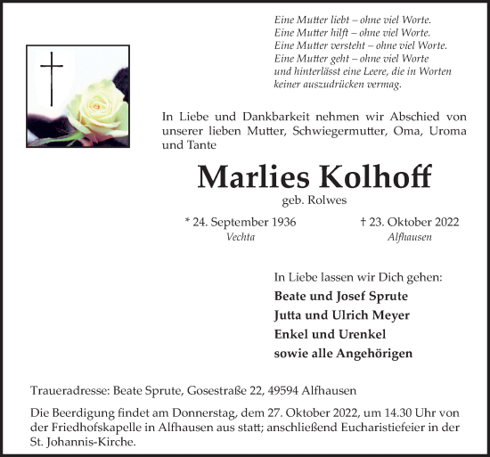 Traueranzeige von Marlies Kolhoff von Neue Osnabrücker Zeitung GmbH & Co. KG