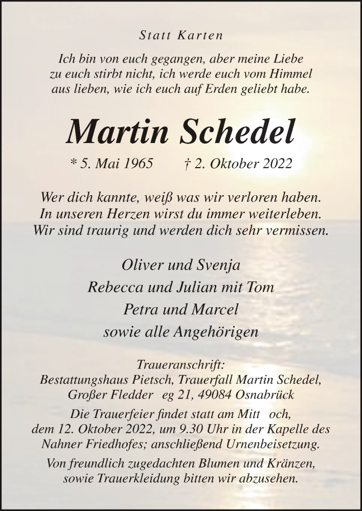  Traueranzeige für Martin Schedel vom 08.10.2022 aus Neue Osnabrücker Zeitung GmbH & Co. KG