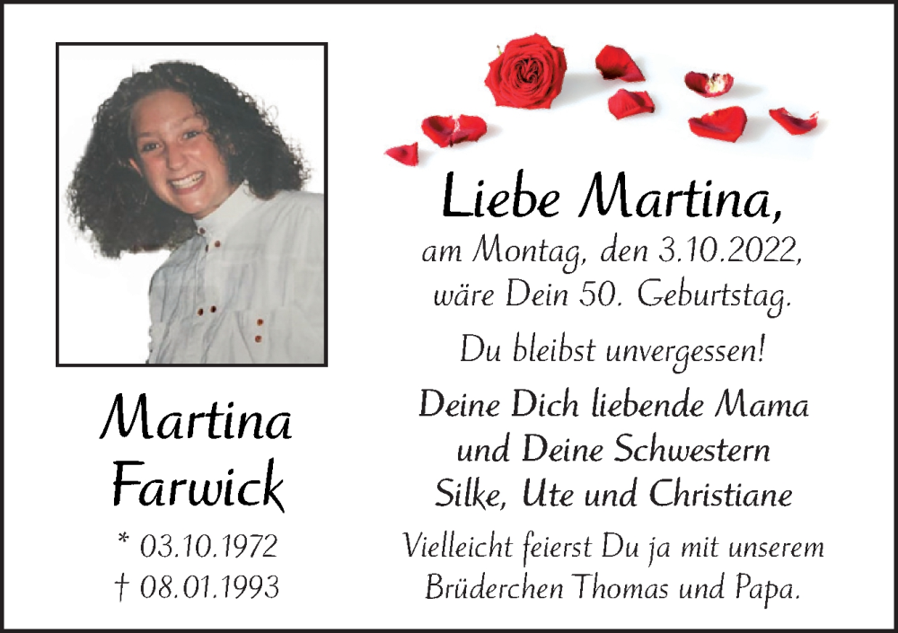  Traueranzeige für Martina Farwick vom 01.10.2022 aus Neue Osnabrücker Zeitung GmbH & Co. KG