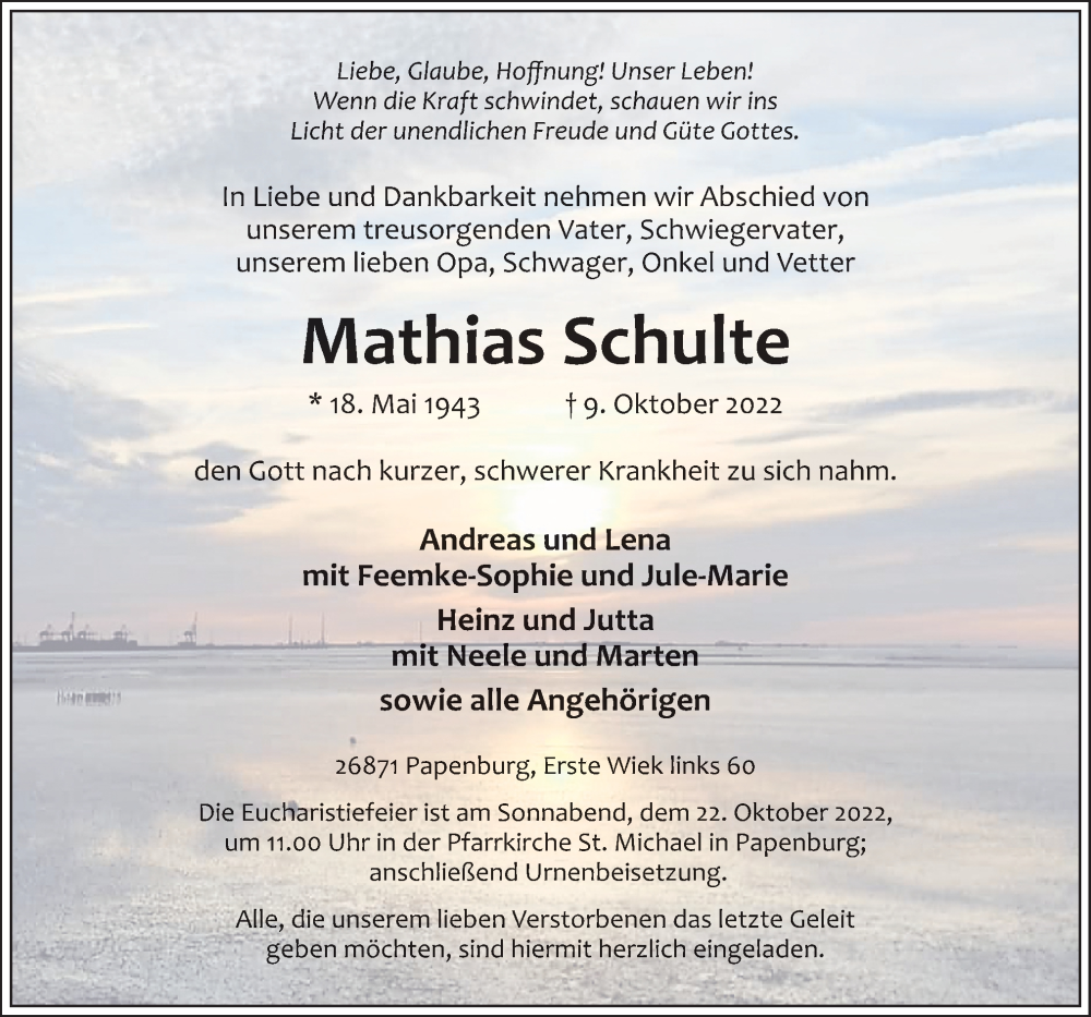  Traueranzeige für Mathias Schulte vom 15.10.2022 aus Neue Osnabrücker Zeitung GmbH & Co. KG