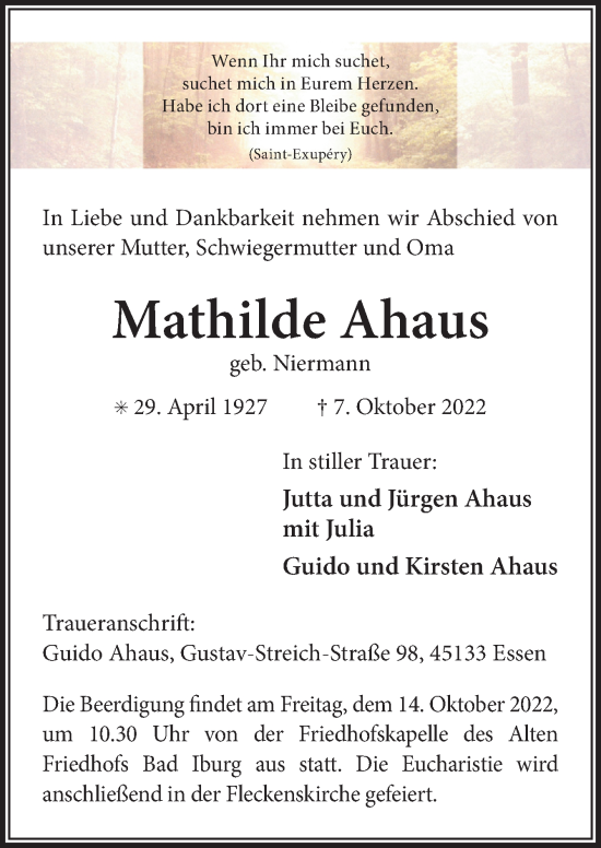 Traueranzeige von Mathilde Ahaus von Neue Osnabrücker Zeitung GmbH & Co. KG