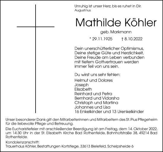 Traueranzeige von Mathilde Köhler von Neue Osnabrücker Zeitung GmbH & Co. KG