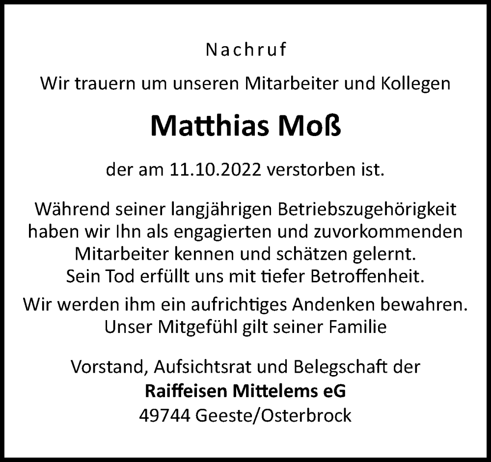  Traueranzeige für Matthias Moß vom 17.10.2022 aus Neue Osnabrücker Zeitung GmbH & Co. KG