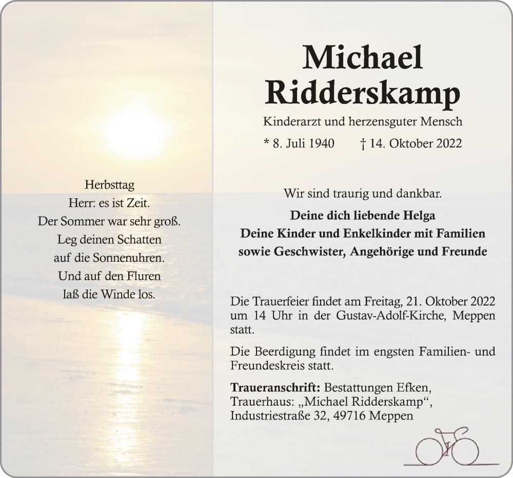  Traueranzeige für Michael Ridderskamp vom 18.10.2022 aus Neue Osnabrücker Zeitung GmbH & Co. KG