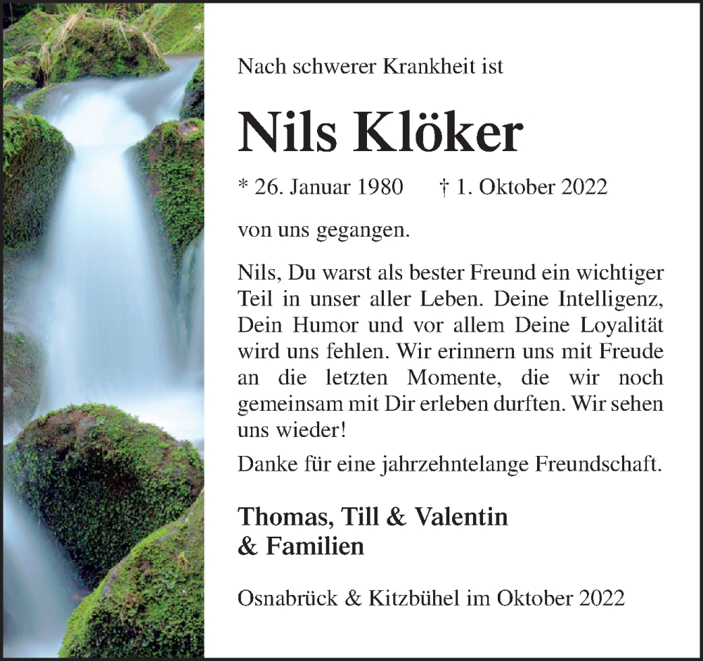  Traueranzeige für Nils Klöker vom 08.10.2022 aus Neue Osnabrücker Zeitung GmbH & Co. KG