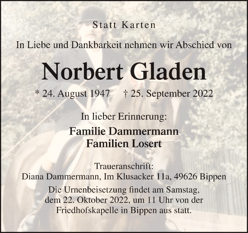  Traueranzeige für Norbert Gladen vom 15.10.2022 aus Neue Osnabrücker Zeitung GmbH & Co. KG