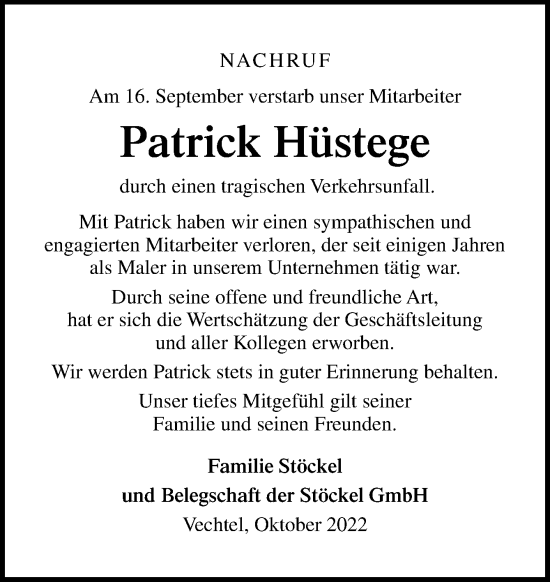 Traueranzeige von Patrick Hüstege von Neue Osnabrücker Zeitung GmbH & Co. KG