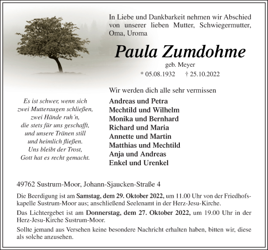 Traueranzeige von Paula Zumdohme von Neue Osnabrücker Zeitung GmbH & Co. KG
