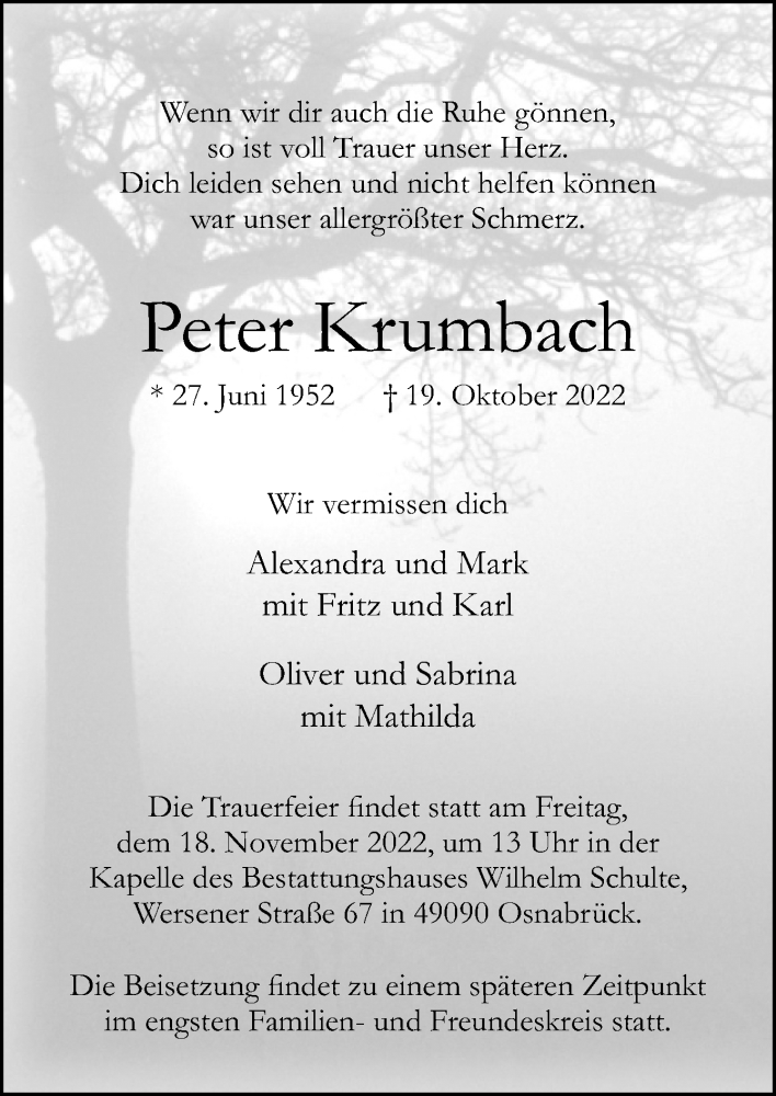  Traueranzeige für Peter Krumbach vom 29.10.2022 aus Neue Osnabrücker Zeitung GmbH & Co. KG