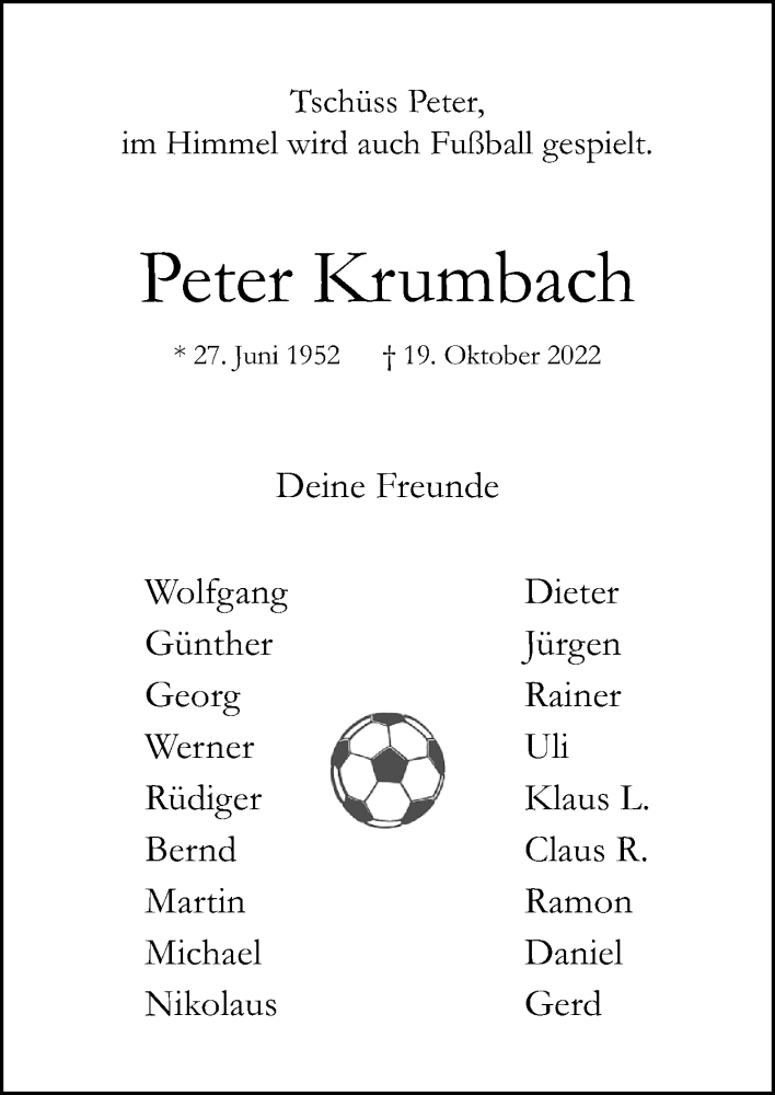  Traueranzeige für Peter Krumbach vom 29.10.2022 aus Neue Osnabrücker Zeitung GmbH & Co. KG