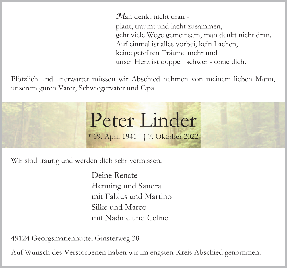  Traueranzeige für Peter Linder vom 19.10.2022 aus Neue Osnabrücker Zeitung GmbH & Co. KG