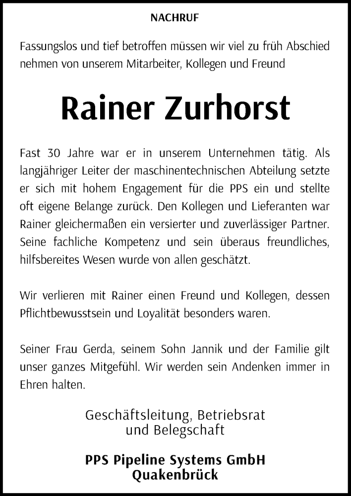  Traueranzeige für Rainer Zurhorst vom 22.10.2022 aus Neue Osnabrücker Zeitung GmbH & Co. KG