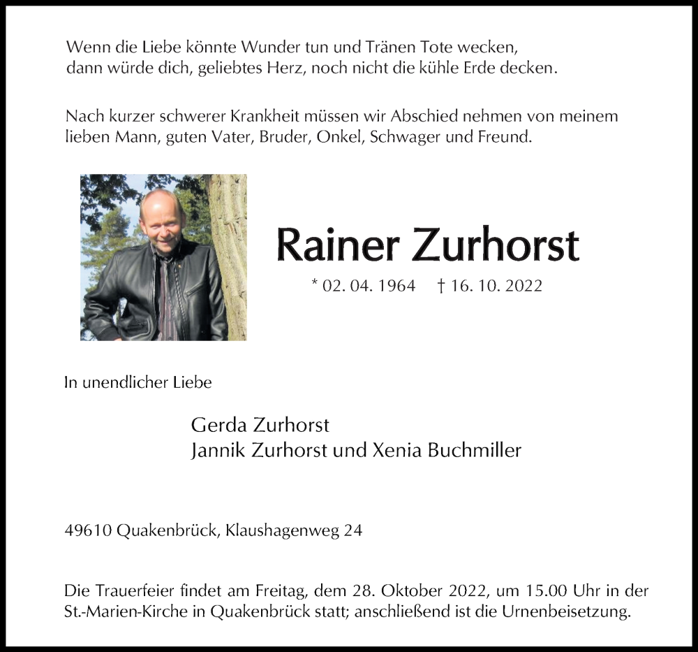  Traueranzeige für Rainer Zurhorst vom 22.10.2022 aus Neue Osnabrücker Zeitung GmbH & Co. KG