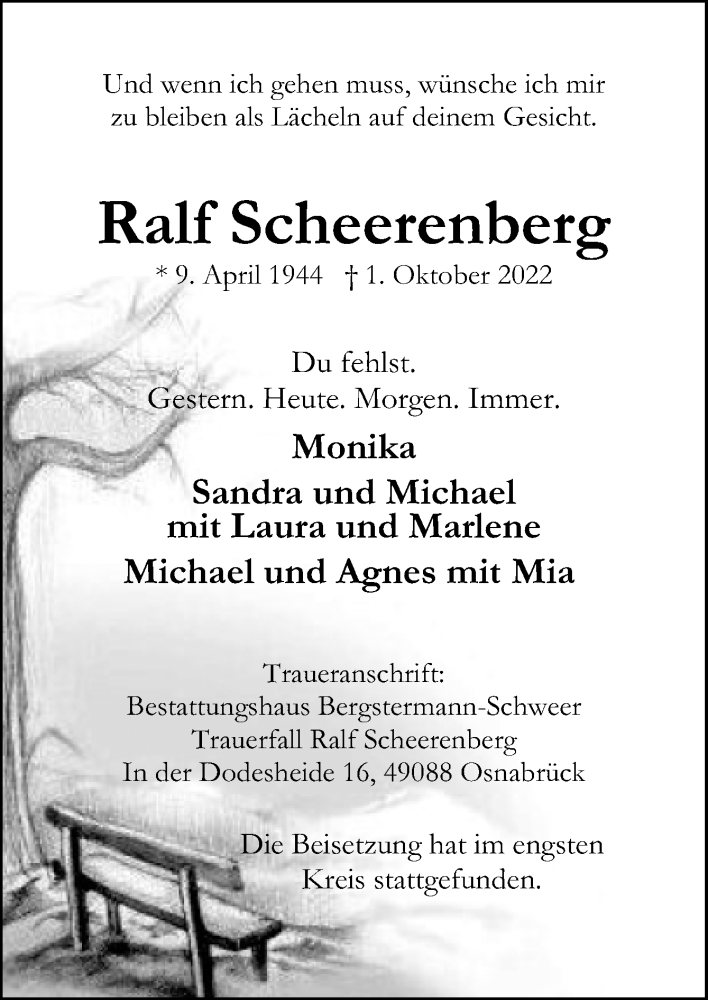  Traueranzeige für Ralf Scheerenberg vom 15.10.2022 aus Neue Osnabrücker Zeitung GmbH & Co. KG