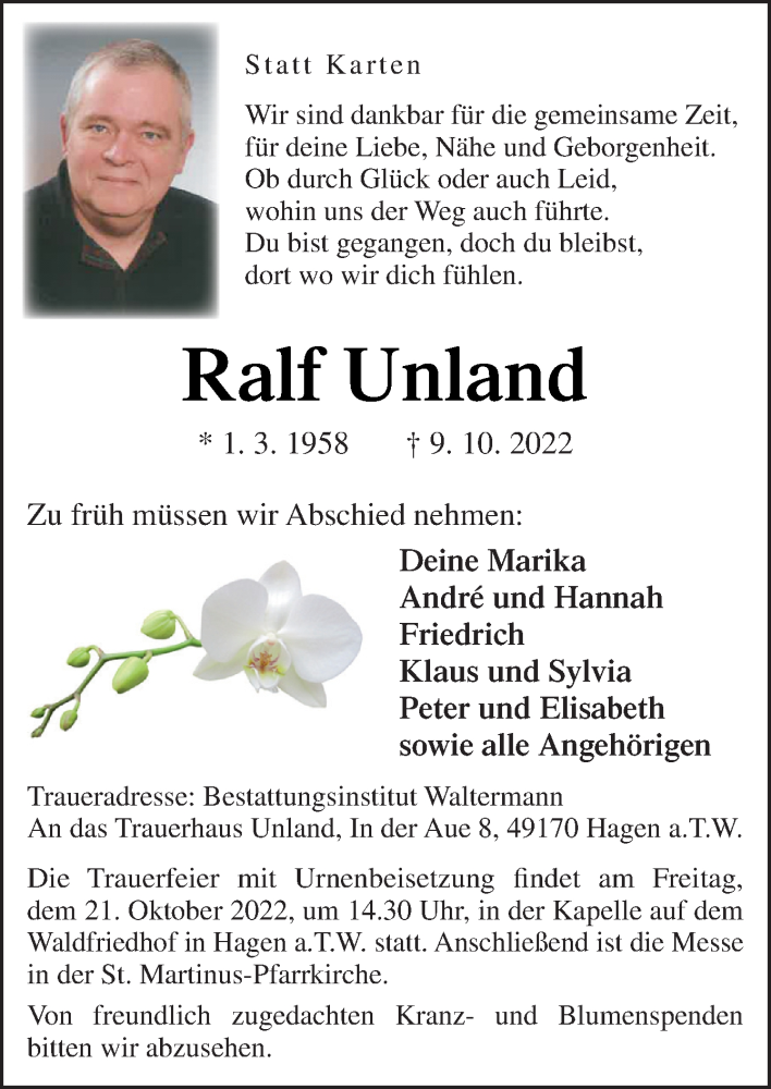  Traueranzeige für Ralf Unland vom 15.10.2022 aus Neue Osnabrücker Zeitung GmbH & Co. KG