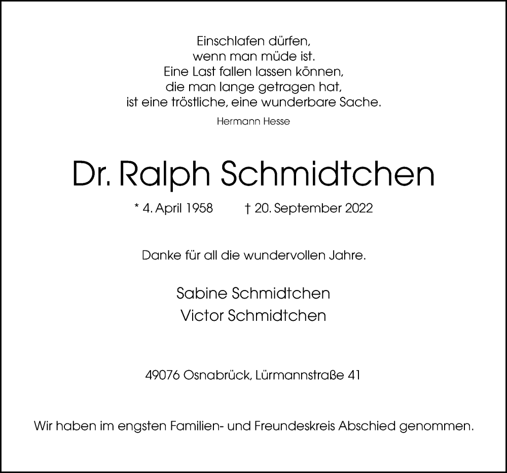  Traueranzeige für Ralph Schmidtchen vom 01.10.2022 aus Neue Osnabrücker Zeitung GmbH & Co. KG