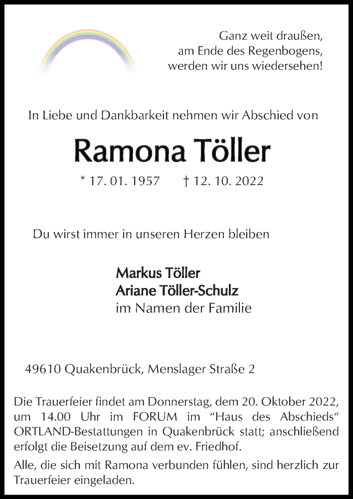  Traueranzeige für Ramona Töller vom 15.10.2022 aus Neue Osnabrücker Zeitung GmbH & Co. KG