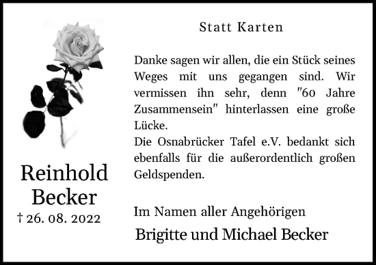 Traueranzeige von Reinhold Becker von Neue Osnabrücker Zeitung GmbH & Co. KG