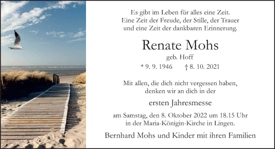 Traueranzeige von Renate Mohs von Neue Osnabrücker Zeitung GmbH & Co. KG