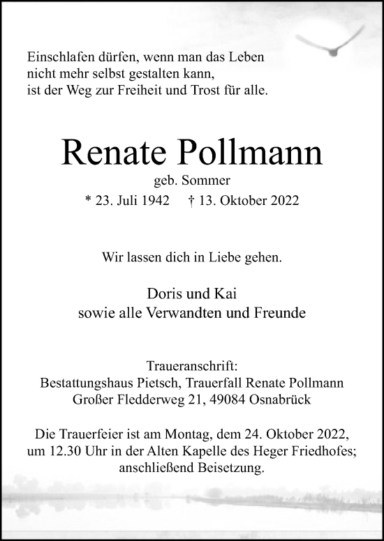 Traueranzeige von Renate Pollmann von Neue Osnabrücker Zeitung GmbH & Co. KG