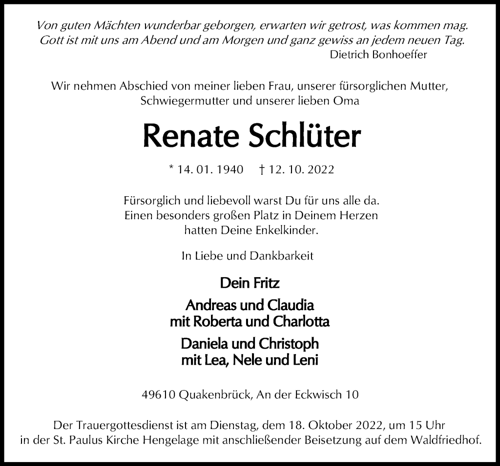  Traueranzeige für Renate Schlüter vom 15.10.2022 aus Neue Osnabrücker Zeitung GmbH & Co. KG