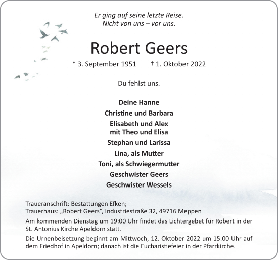 Traueranzeige von Robert Geers von Neue Osnabrücker Zeitung GmbH & Co. KG