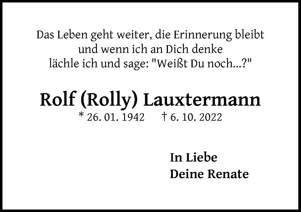  Traueranzeige für Rolf  Lauxtermann vom 08.10.2022 aus Neue Osnabrücker Zeitung GmbH & Co. KG