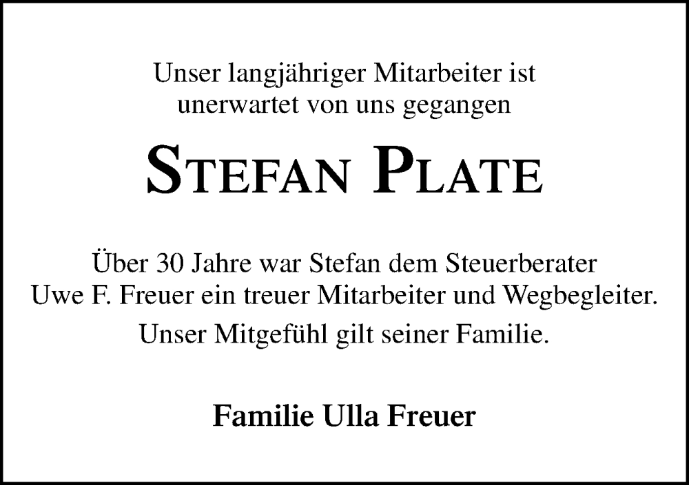  Traueranzeige für Stefan Plate vom 20.10.2022 aus DK Medien GmbH & Co. KG