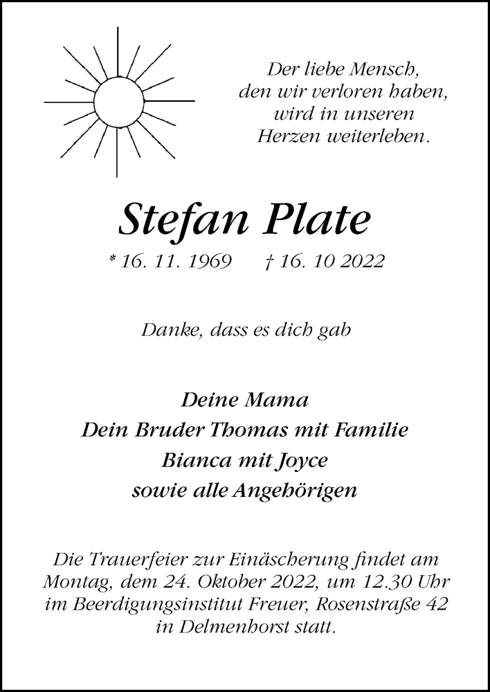  Traueranzeige für Stefan Plate vom 20.10.2022 aus DK Medien GmbH & Co. KG