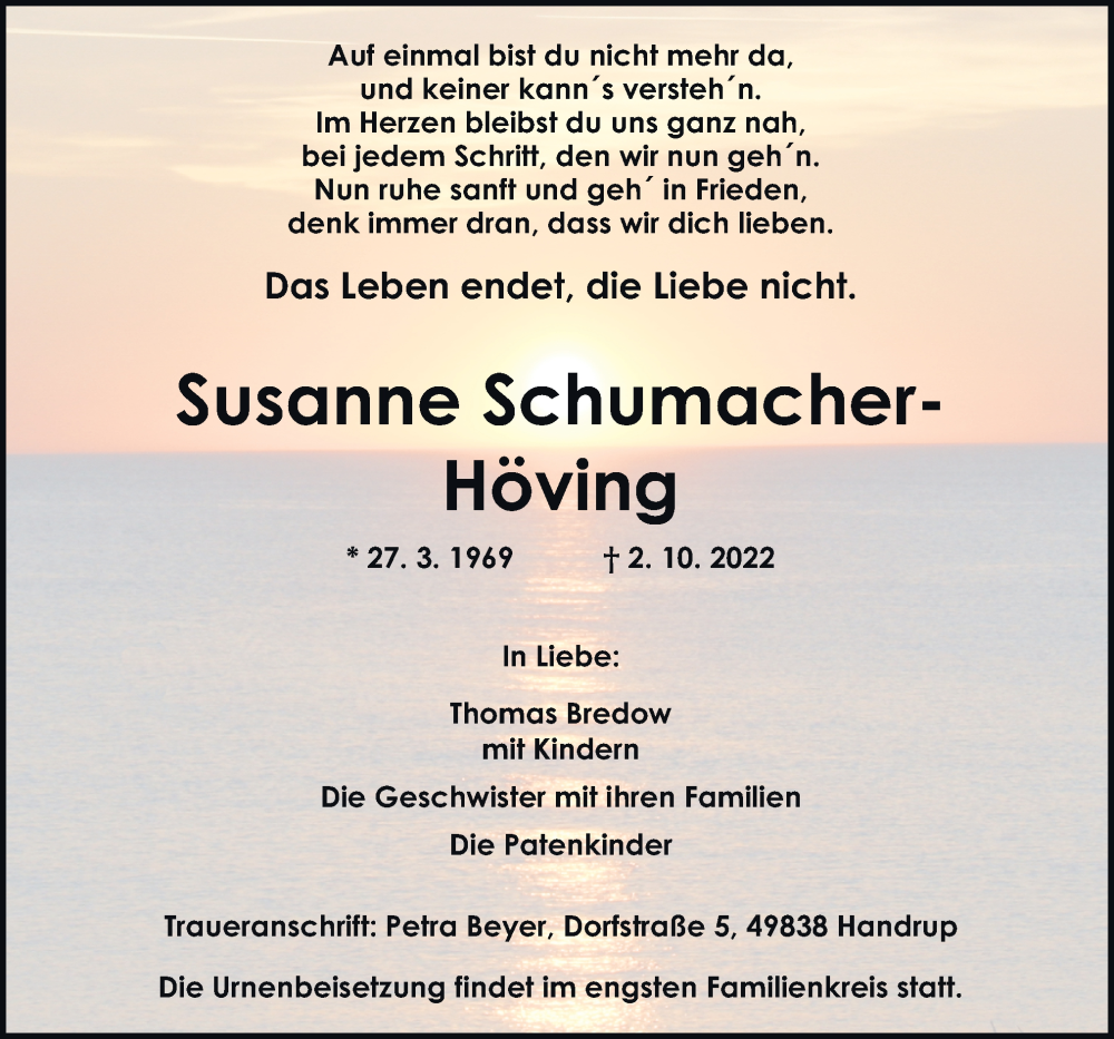  Traueranzeige für Susanne Schumacher-Höving vom 08.10.2022 aus Neue Osnabrücker Zeitung GmbH & Co. KG