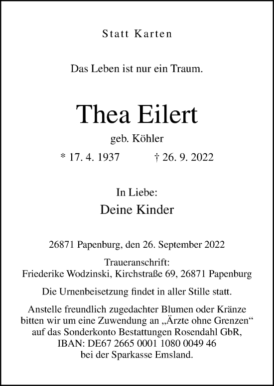 Traueranzeige von Thea Eilert von Neue Osnabrücker Zeitung GmbH & Co. KG