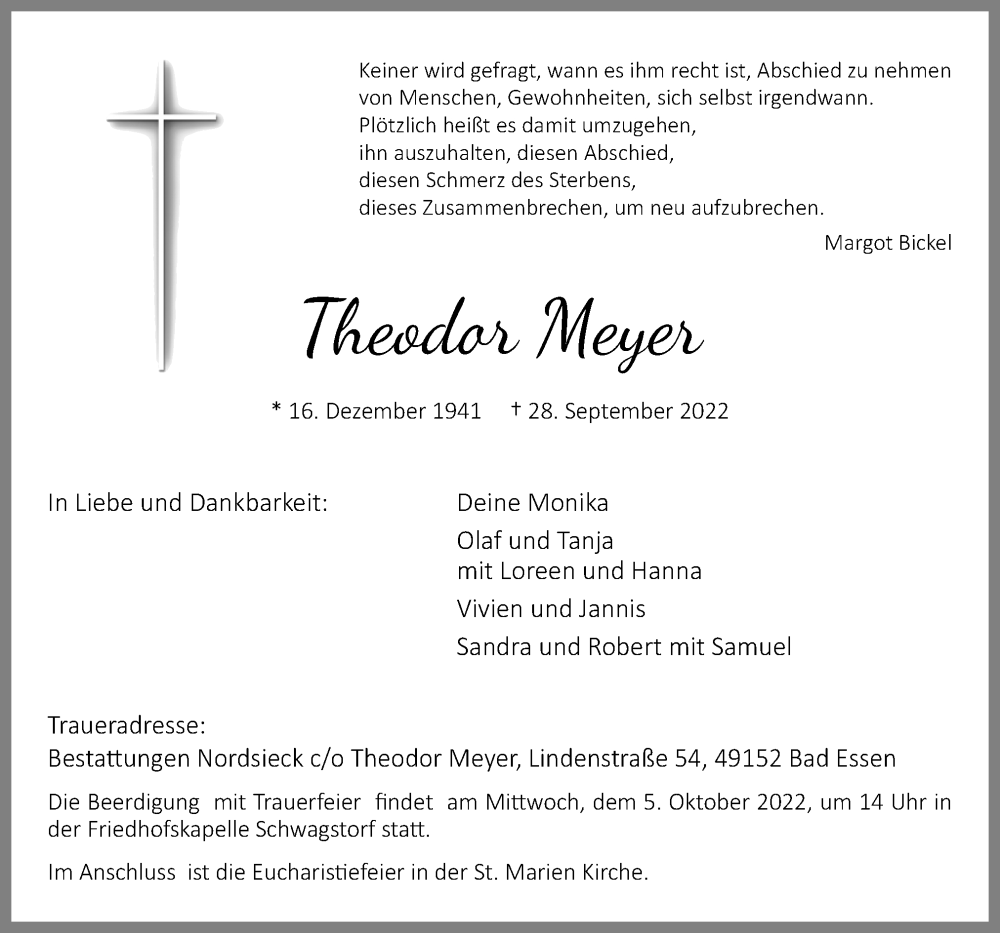  Traueranzeige für Theodor Meyer vom 01.10.2022 aus Neue Osnabrücker Zeitung GmbH & Co. KG