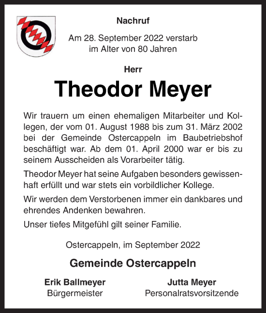 Traueranzeige von Theodor Meyer von Neue Osnabrücker Zeitung GmbH & Co. KG