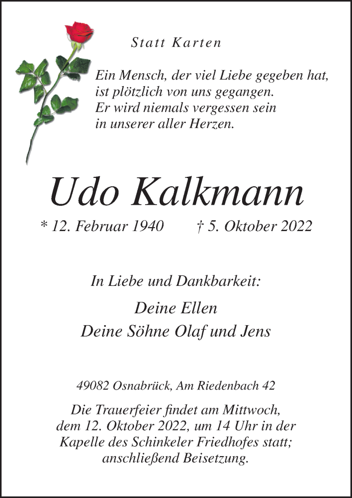  Traueranzeige für Udo Kalkmann vom 08.10.2022 aus Neue Osnabrücker Zeitung GmbH & Co. KG