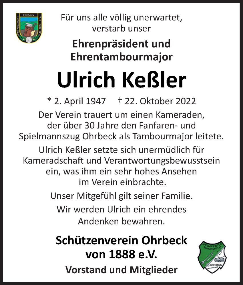  Traueranzeige für Ulrich Keßler vom 29.10.2022 aus Neue Osnabrücker Zeitung GmbH & Co. KG