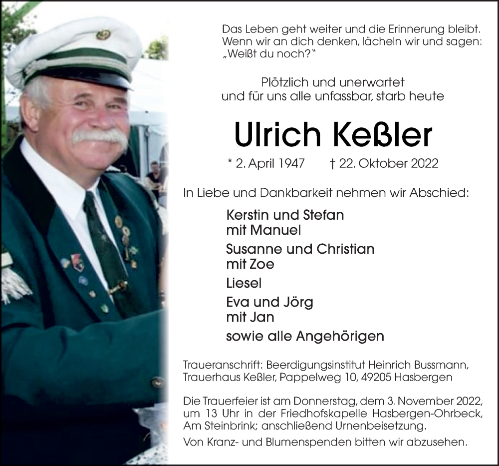  Traueranzeige für Ulrich Keßler vom 29.10.2022 aus Neue Osnabrücker Zeitung GmbH & Co. KG