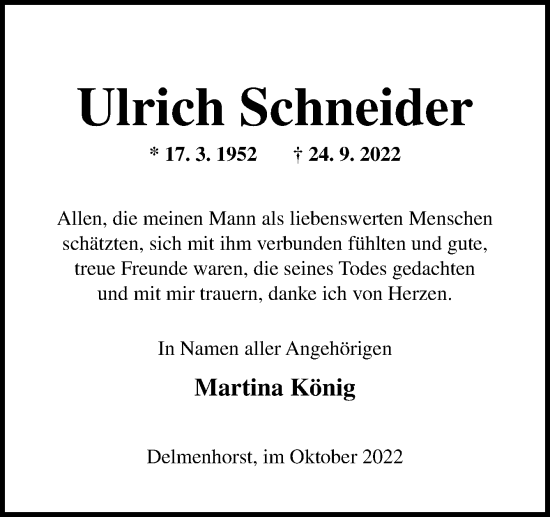 Traueranzeige von Ulrich Schneider von DK Medien GmbH & Co. KG