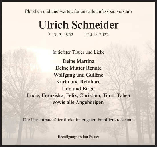 Traueranzeige von Ulrich Schneider von DK Medien GmbH & Co. KG