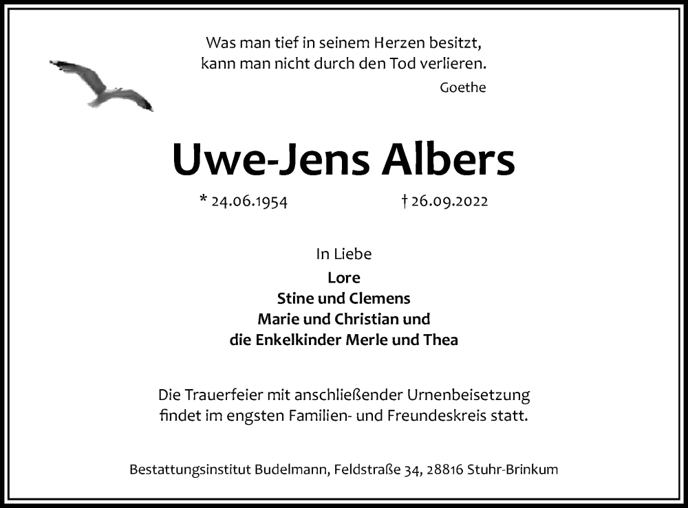  Traueranzeige für Uwe-Jens Albers vom 08.10.2022 aus DK Medien GmbH & Co. KG