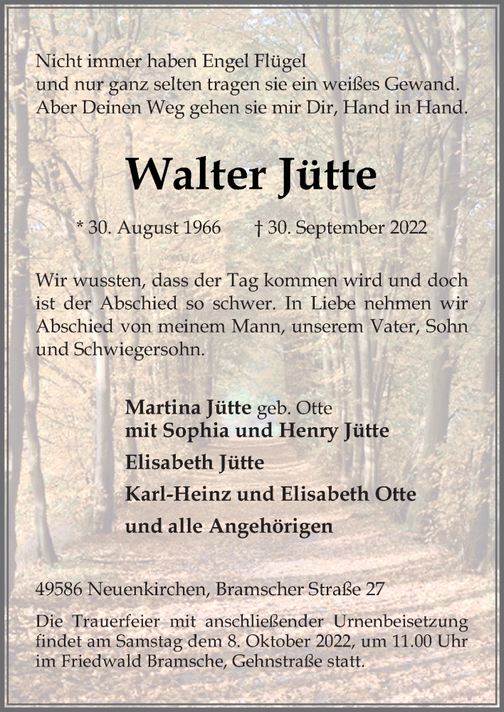  Traueranzeige für Walter Jütte vom 04.10.2022 aus Neue Osnabrücker Zeitung GmbH & Co. KG