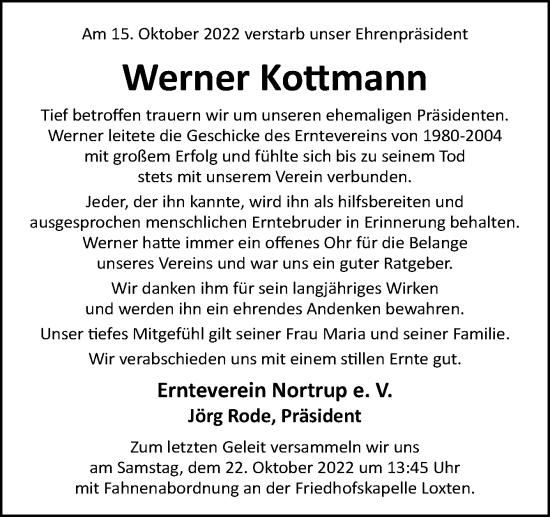 Traueranzeige von Werner Kottmann von Neue Osnabrücker Zeitung GmbH & Co. KG