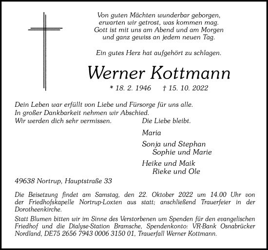 Traueranzeige von Werner Kottmann von Neue Osnabrücker Zeitung GmbH & Co. KG