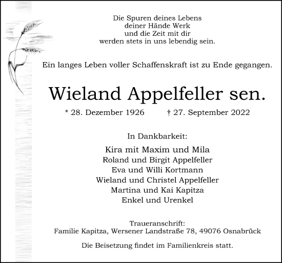 Traueranzeige von Wieland Appelfeller von Neue Osnabrücker Zeitung GmbH & Co. KG