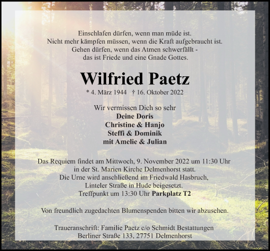 Traueranzeige von Wilfried Paetz von DK Medien GmbH & Co. KG