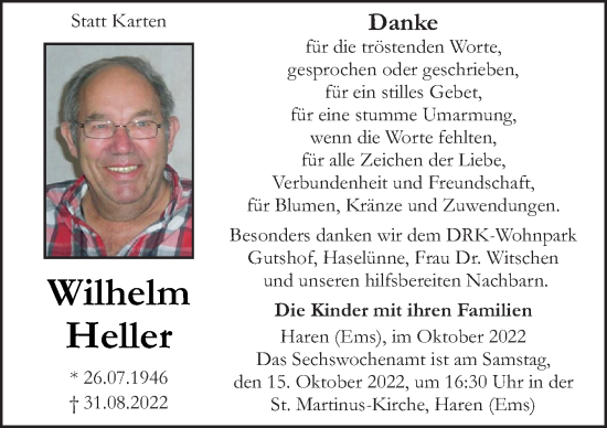 Traueranzeige von Wilhelm Heller von Neue Osnabrücker Zeitung GmbH & Co. KG