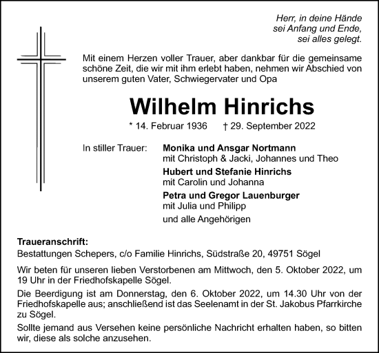 Traueranzeige von Wilhelm Hinrichs von Neue Osnabrücker Zeitung GmbH & Co. KG