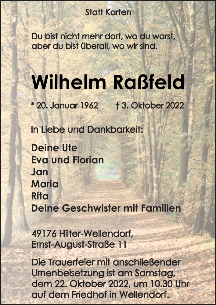  Traueranzeige für Wilhelm Raßfeld vom 15.10.2022 aus Neue Osnabrücker Zeitung GmbH & Co. KG