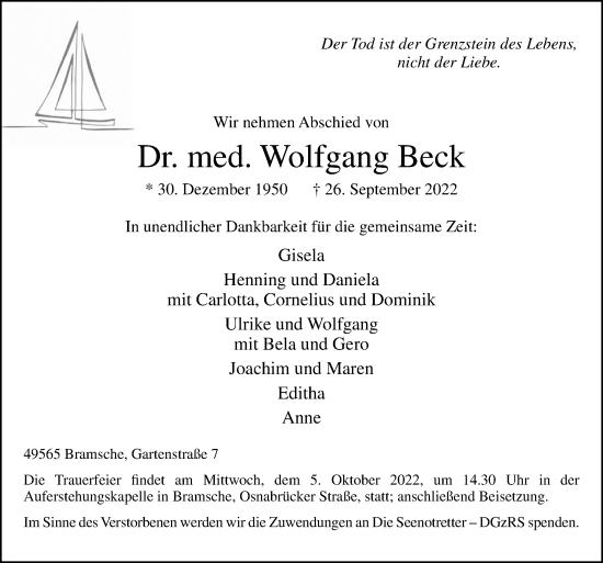 Traueranzeige von Wolfgang Beck von Neue Osnabrücker Zeitung GmbH & Co. KG